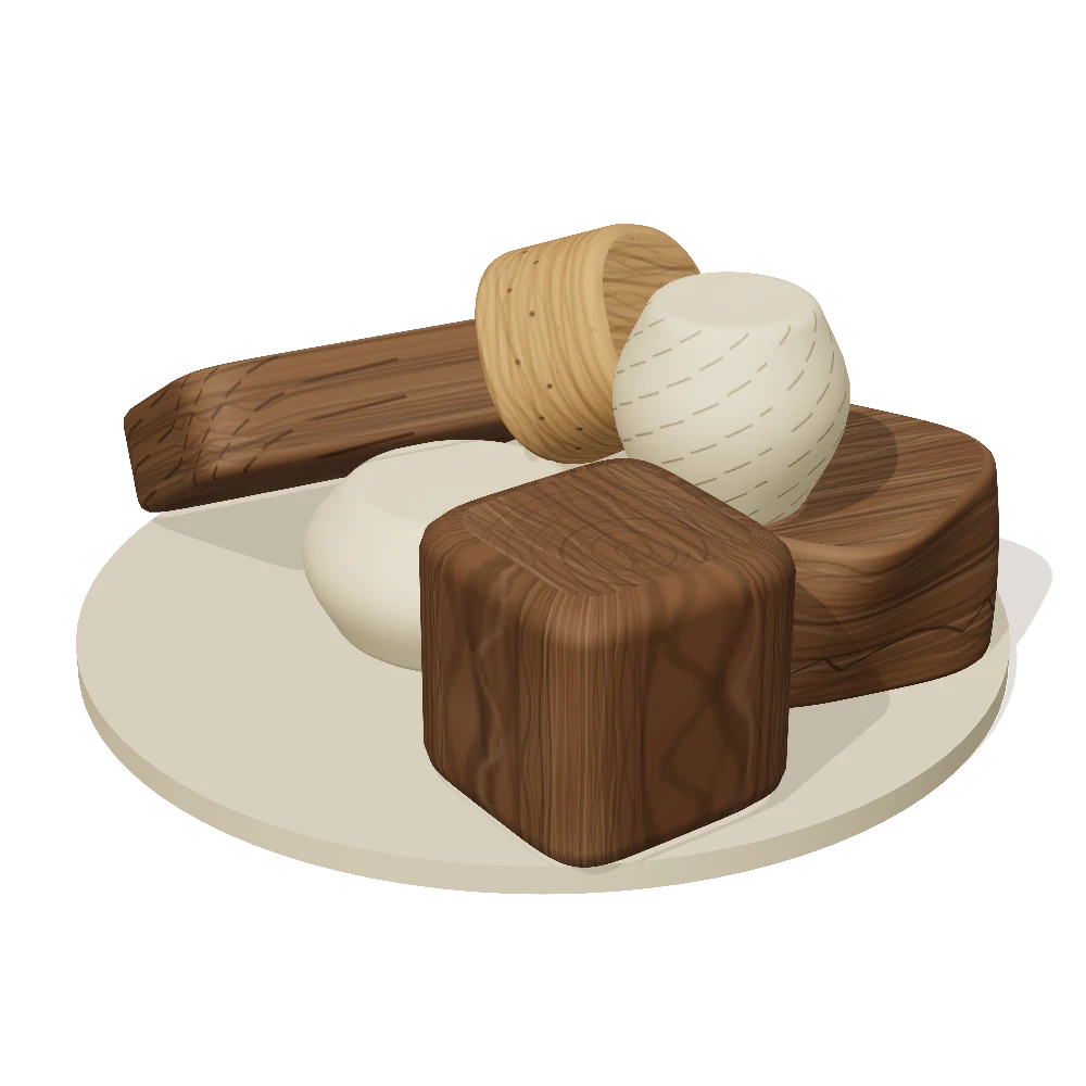 A loose pile of wooden and clay parts on a round stand