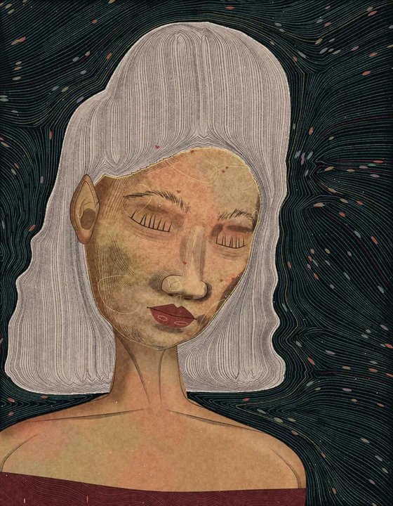 A woman with long grey hair against a dark night sky