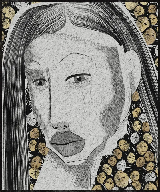 A grey ink portrait of a woman with long hair, gold circles behind her