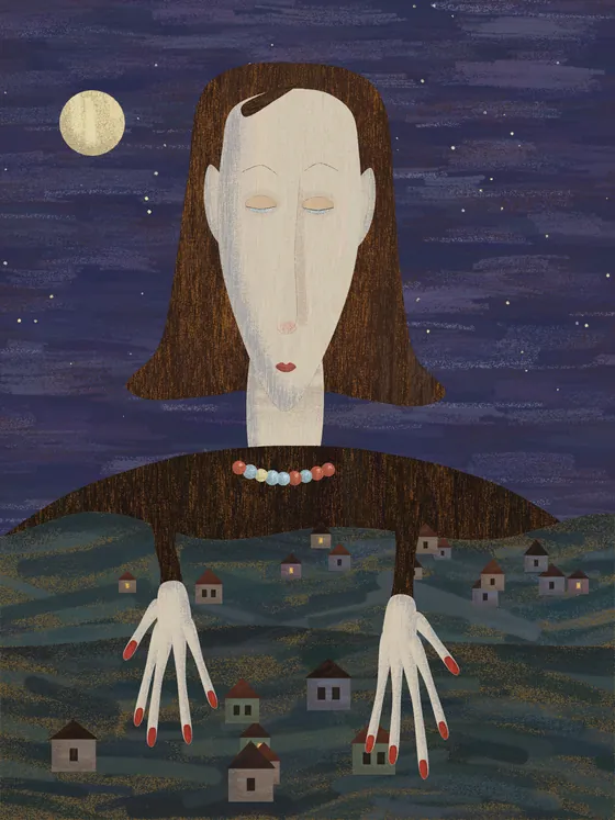 A tall mother with long white hands over a small village at night