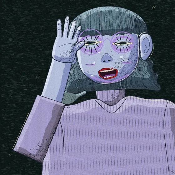 A pale blue figure with one hand raised to the forehead