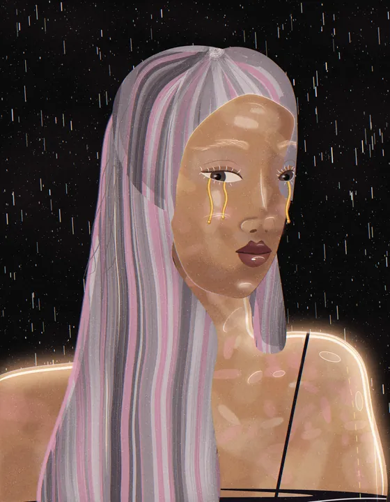 A woman with long pink hair on a black ground