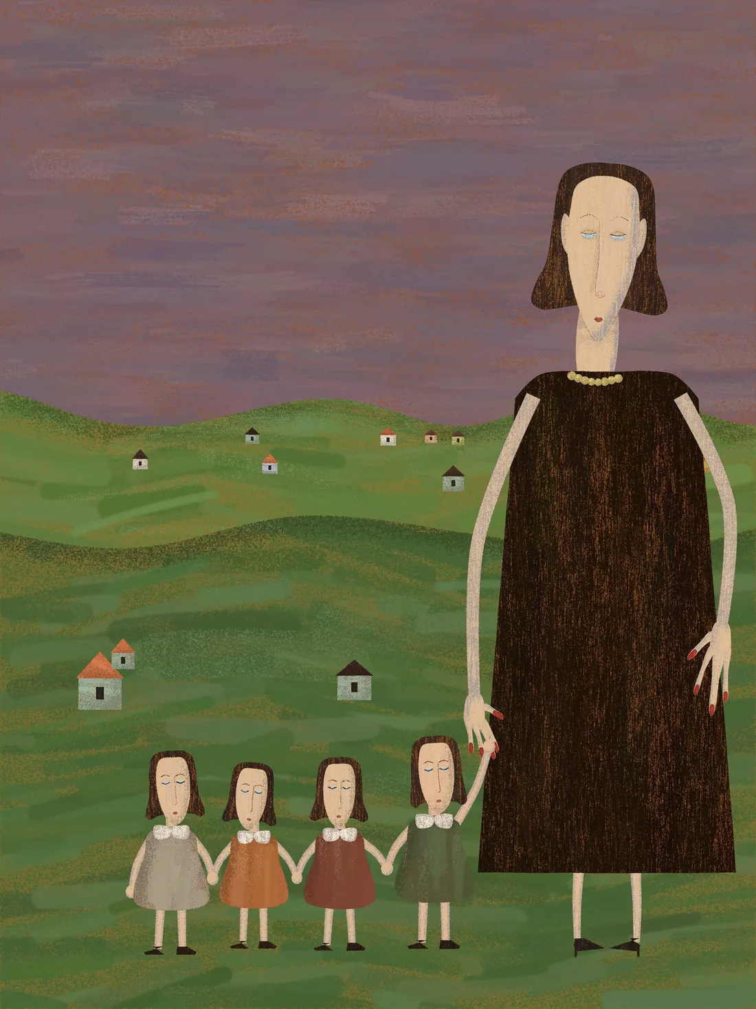 Replica #62: a mother in a dark dress walks four small children over green hills