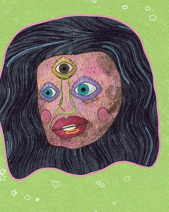 A face with three eyes and black hair on a green ground