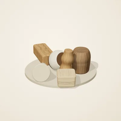 The six parts of Japanese Mingei No. 3 in a loose pile on a round stand