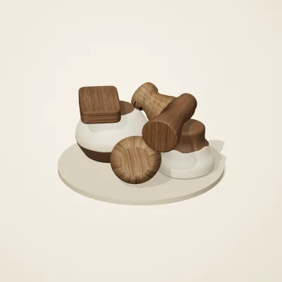 The six parts of Japanese Mingei No. 7 in a loose pile on a round stand