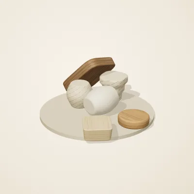 The six parts of Japanese Mingei No. 22 in a loose pile on a round stand