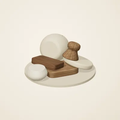 The six parts of Japanese Mingei No. 33 in a loose pile on a round stand