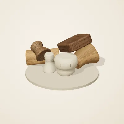 The six parts of Japanese Mingei No. 38 in a loose pile on a round stand