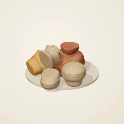 The six parts of Jōmon No. 1 in a loose pile on a round stand