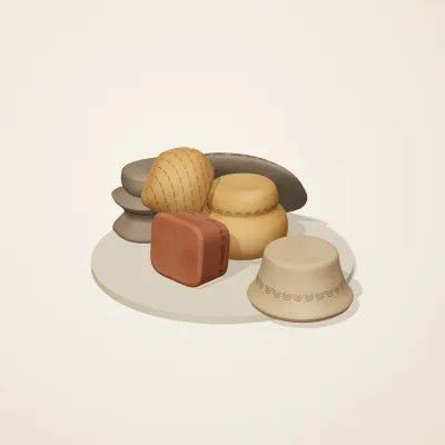 The six parts of Jōmon No. 4 in a loose pile on a round stand