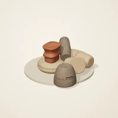 The six parts of Jōmon No. 11 in a loose pile on a round stand