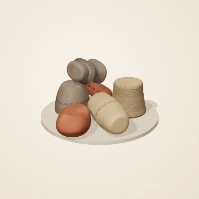 The six parts of Jōmon No. 12 in a loose pile on a round stand
