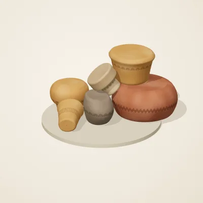 The six parts of Jōmon No. 22 in a loose pile on a round stand
