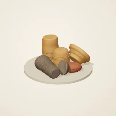 The six parts of Jōmon No. 25 in a loose pile on a round stand