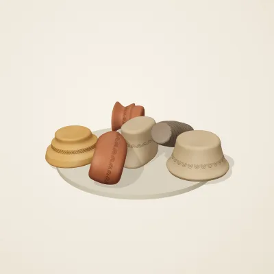 The six parts of Jōmon No. 27 in a loose pile on a round stand