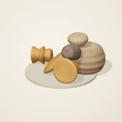 The six parts of Jōmon No. 30 in a loose pile on a round stand