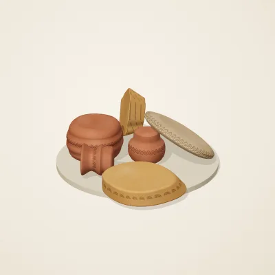 The six parts of Jōmon No. 35 in a loose pile on a round stand