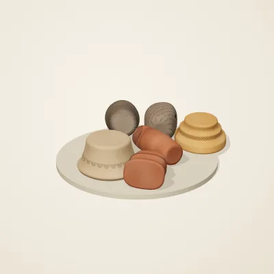 The six parts of Jōmon No. 38 in a loose pile on a round stand