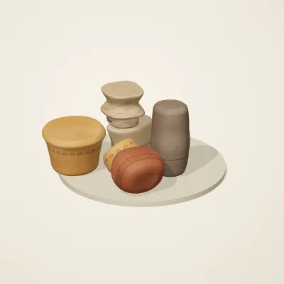 The six parts of Jōmon No. 40 in a loose pile on a round stand