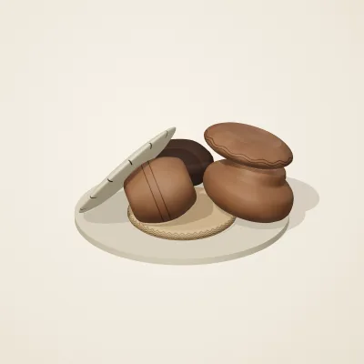 The six parts of Korean Onggi No. 14 in a loose pile on a round stand