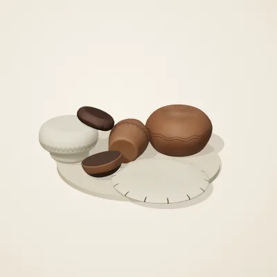 The six parts of Korean Onggi No. 34 in a loose pile on a round stand