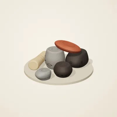 The six parts of Chinese Neolithic No. 2 in a loose pile on a round stand