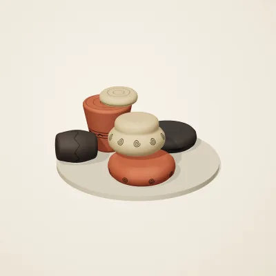 The six parts of Chinese Neolithic No. 6 in a loose pile on a round stand