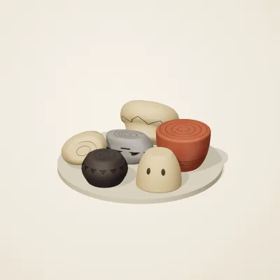 The six parts of Chinese Neolithic No. 7 in a loose pile on a round stand