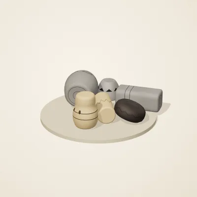 The six parts of Chinese Neolithic No. 8 in a loose pile on a round stand