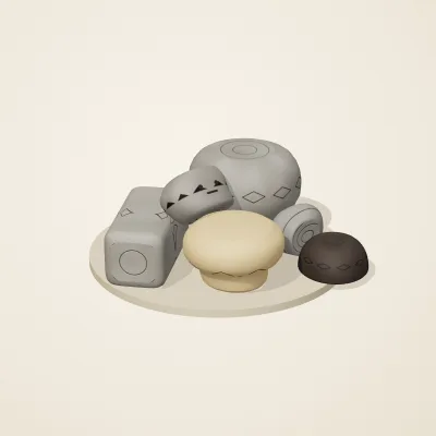 The six parts of Chinese Neolithic No. 9 in a loose pile on a round stand