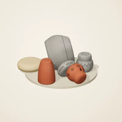 The six parts of Chinese Neolithic No. 10 in a loose pile on a round stand