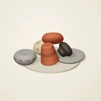 The six parts of Chinese Neolithic No. 12 in a loose pile on a round stand