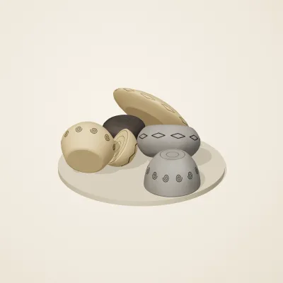 The six parts of Chinese Neolithic No. 13 in a loose pile on a round stand