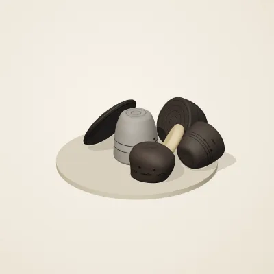 The six parts of Chinese Neolithic No. 15 in a loose pile on a round stand