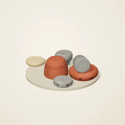 The six parts of Chinese Neolithic No. 16 in a loose pile on a round stand