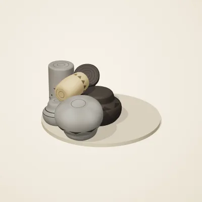 The six parts of Chinese Neolithic No. 17 in a loose pile on a round stand