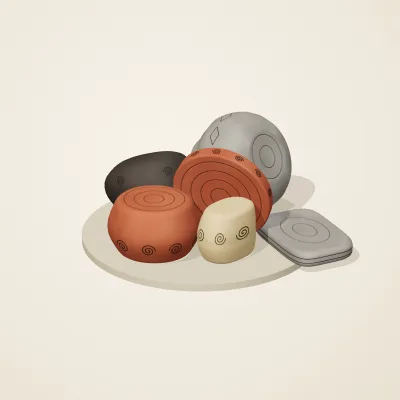 The six parts of Chinese Neolithic No. 18 in a loose pile on a round stand
