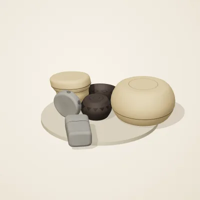 The six parts of Chinese Neolithic No. 19 in a loose pile on a round stand
