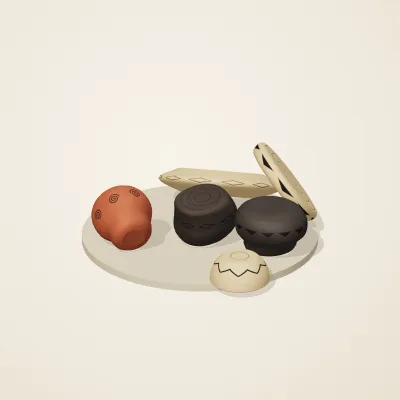 The six parts of Chinese Neolithic No. 20 in a loose pile on a round stand