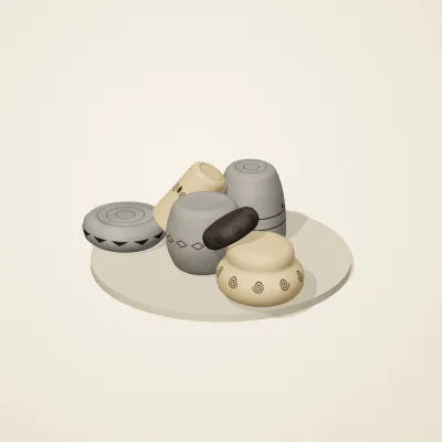 The six parts of Chinese Neolithic No. 21 in a loose pile on a round stand