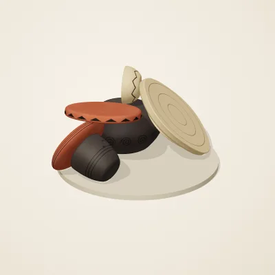 The six parts of Chinese Neolithic No. 22 in a loose pile on a round stand