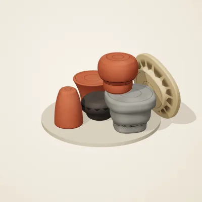 The six parts of Chinese Neolithic No. 24 in a loose pile on a round stand