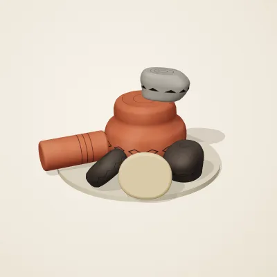 The six parts of Chinese Neolithic No. 25 in a loose pile on a round stand