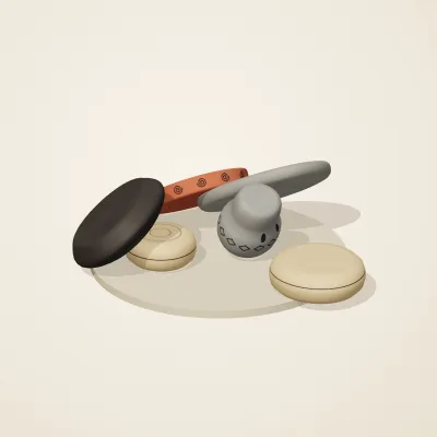 The six parts of Chinese Neolithic No. 26 in a loose pile on a round stand