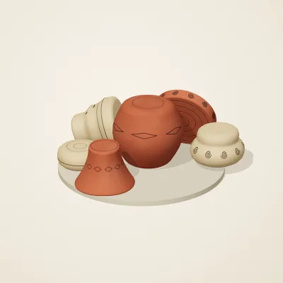 The six parts of Chinese Neolithic No. 27 in a loose pile on a round stand