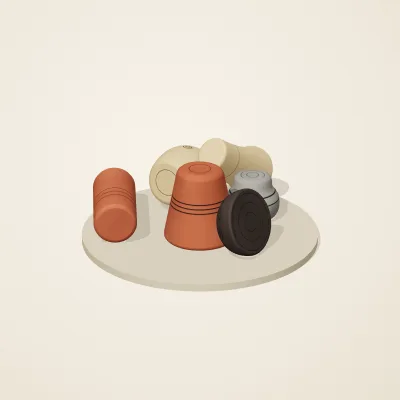The six parts of Chinese Neolithic No. 29 in a loose pile on a round stand