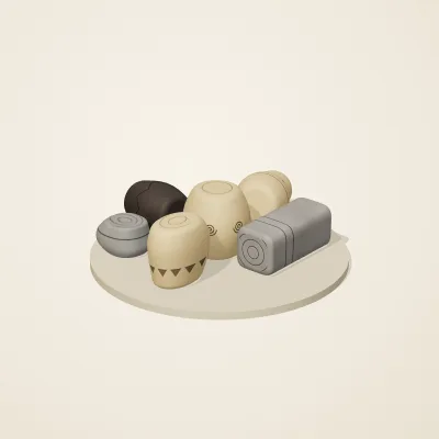 The six parts of Chinese Neolithic No. 30 in a loose pile on a round stand