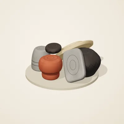 The six parts of Chinese Neolithic No. 31 in a loose pile on a round stand