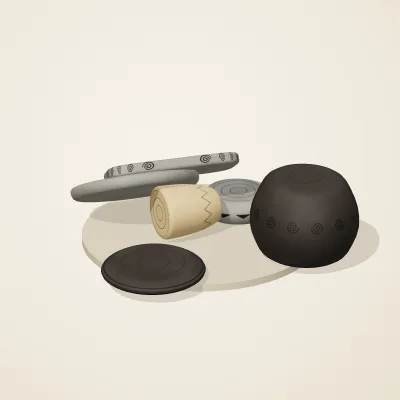 The six parts of Chinese Neolithic No. 32 in a loose pile on a round stand